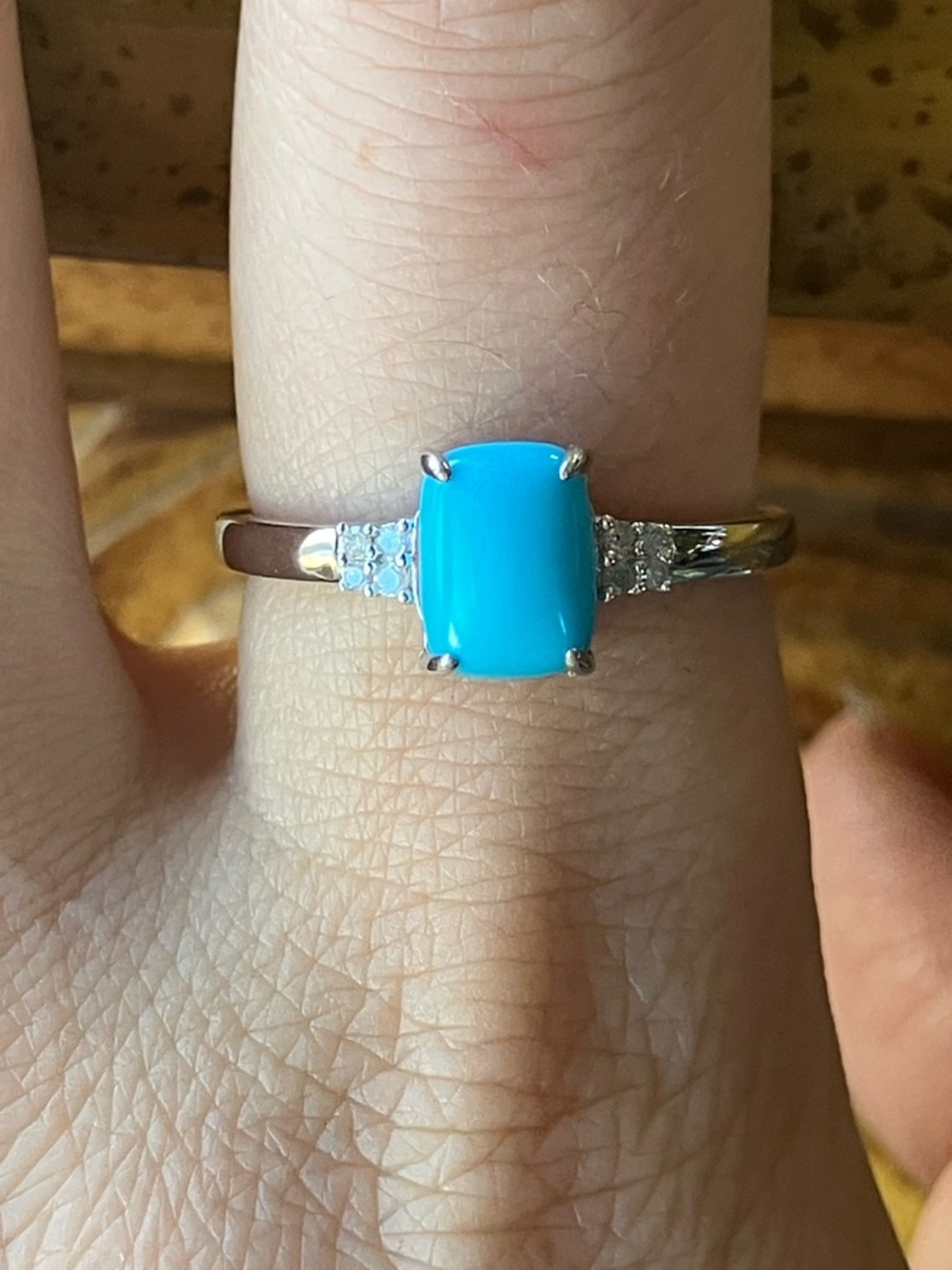 Sleeping Beauty Turquoise White Diamond Sterling Silver Ring Size 8.75